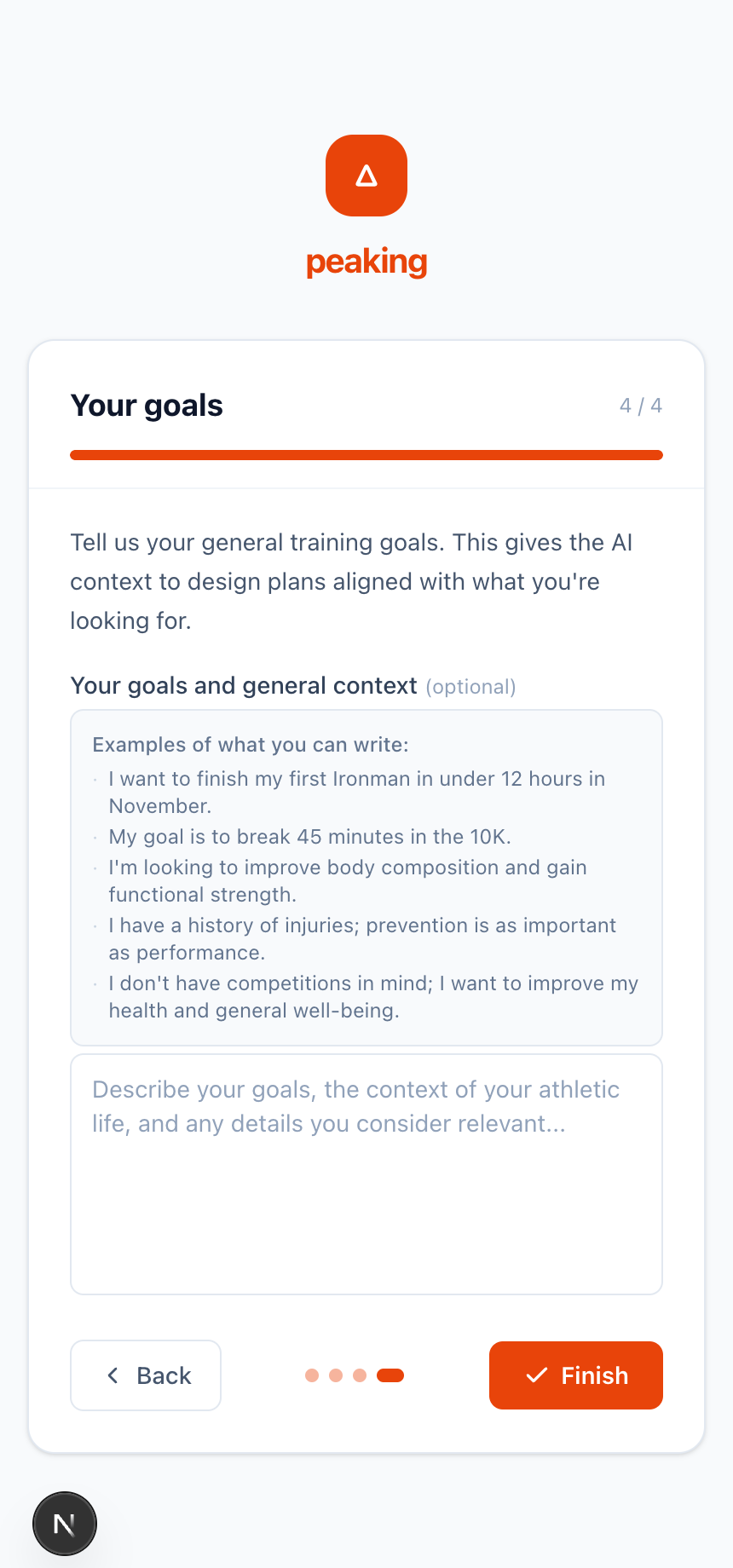 Onboarding wizard goals step with training objectives textarea