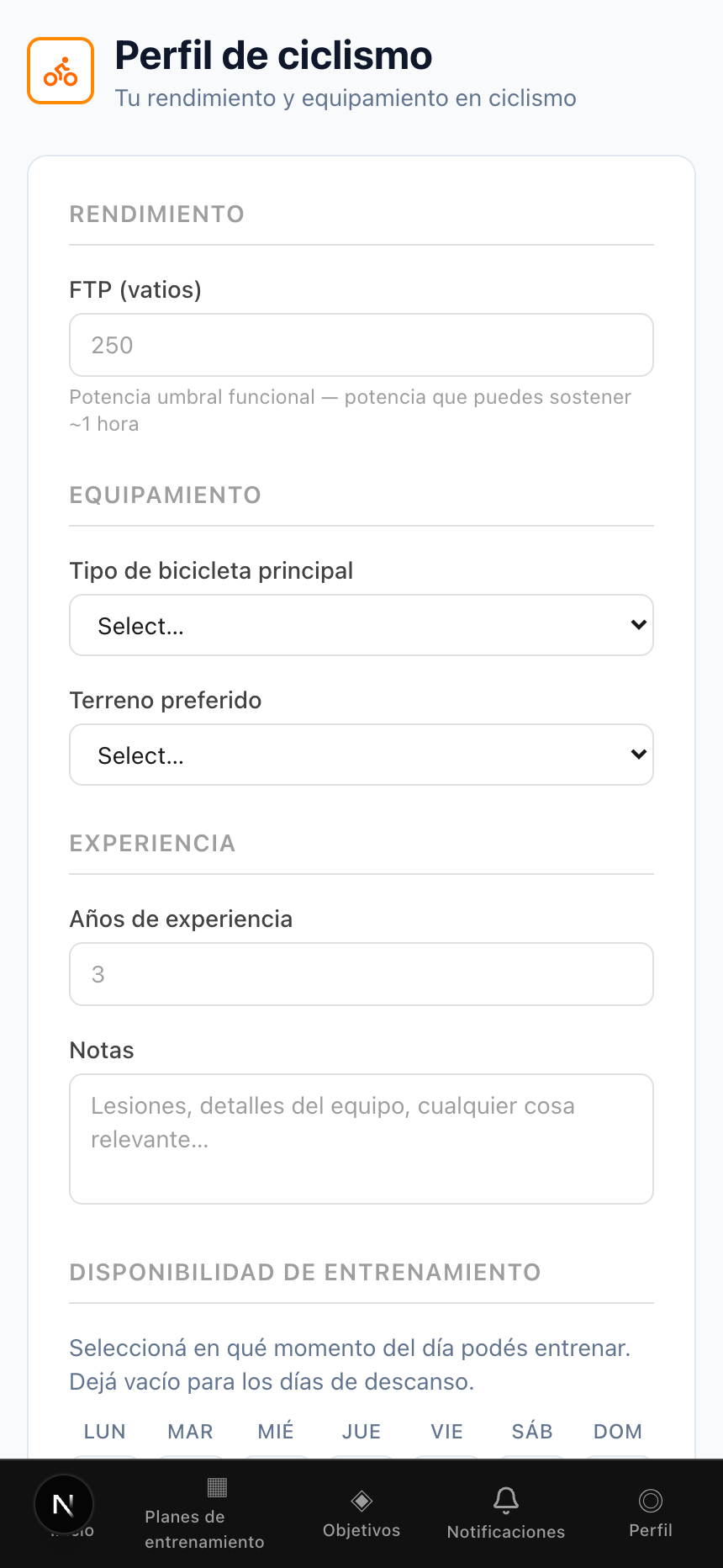 Perfil de ciclismo con FTP, equipamiento y disponibilidad semanal