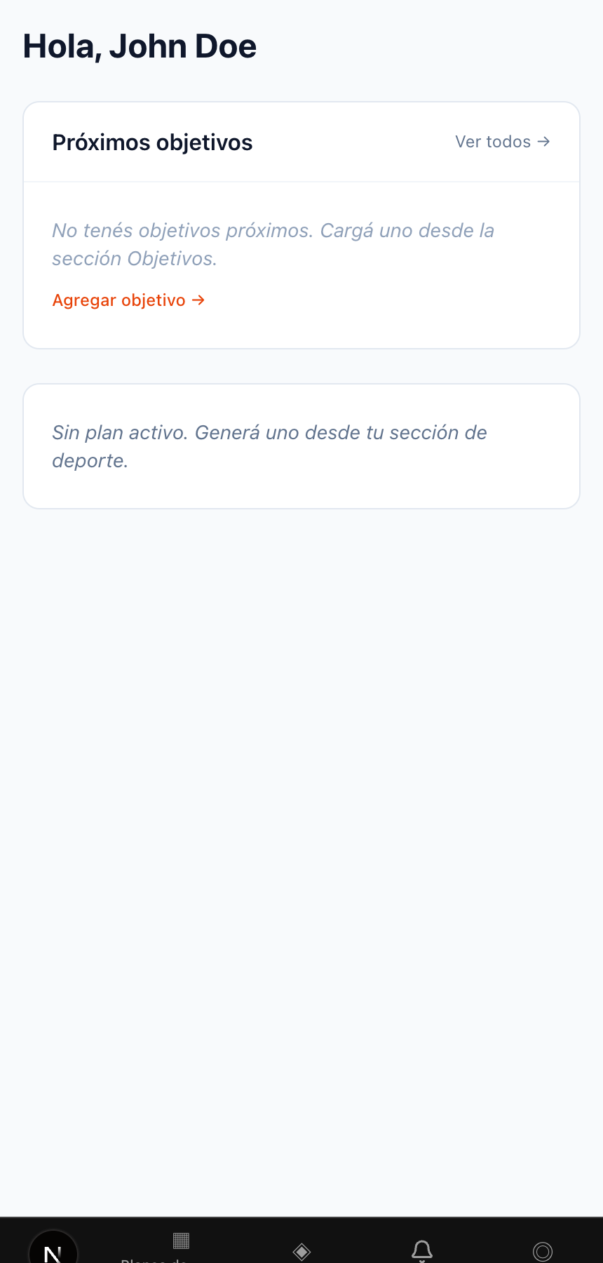 Panel de inicio de Peaking con objetivos y barra de navegación lateral