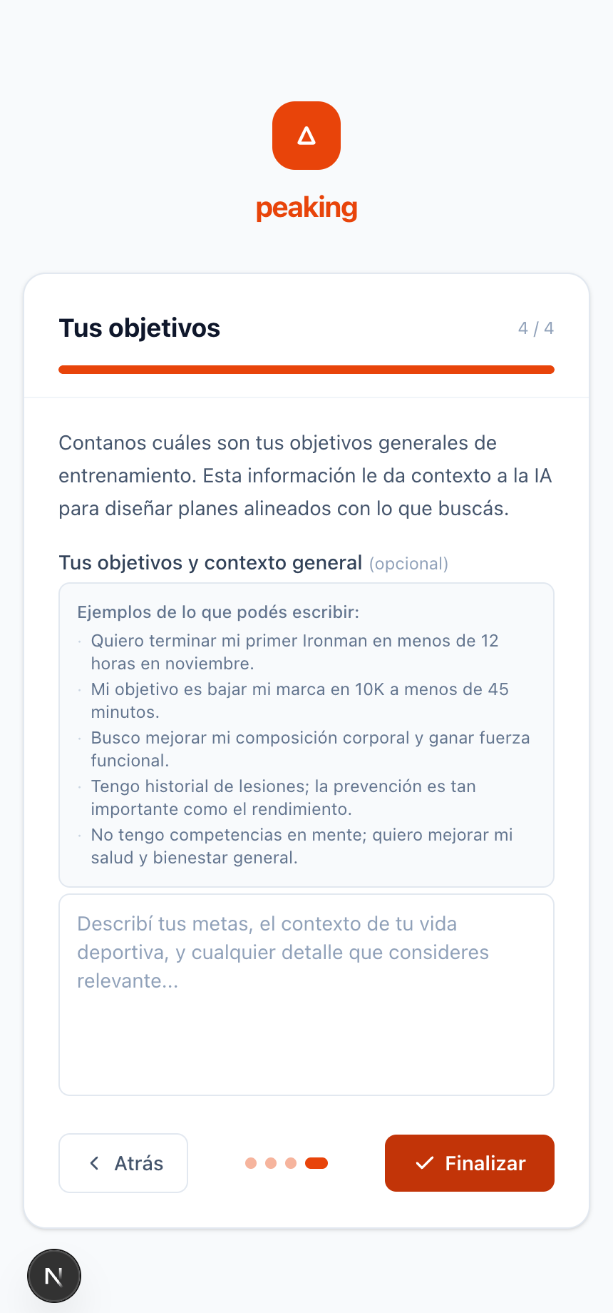 Paso de objetivos del onboarding con campo de metas de entrenamiento