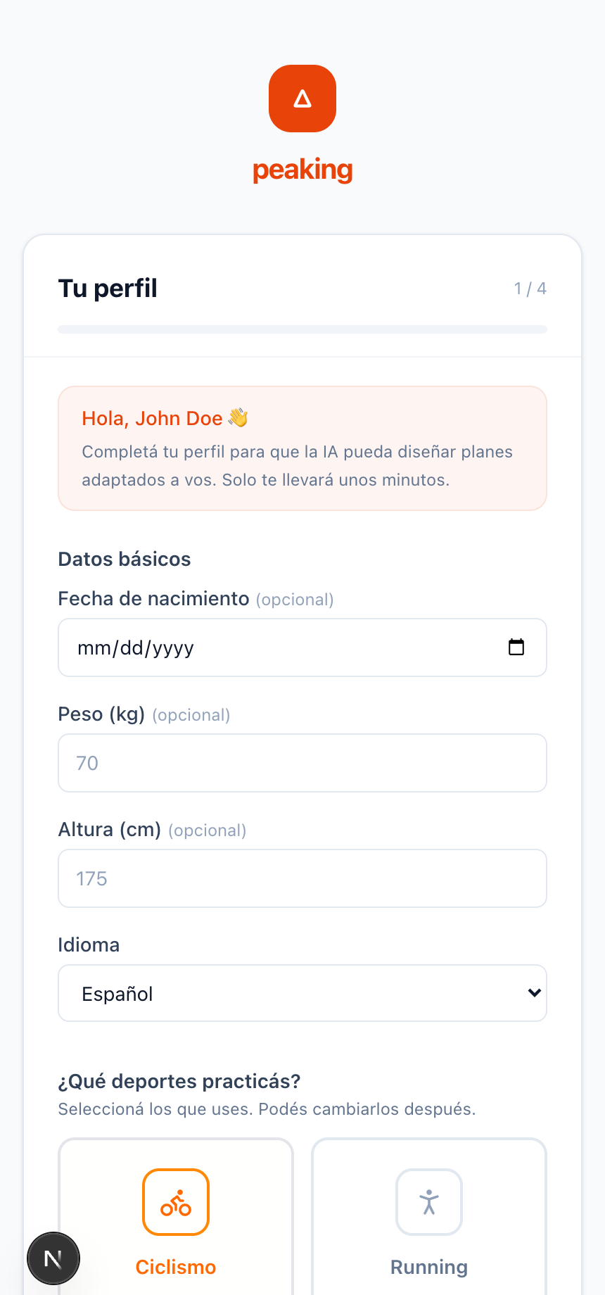 Primer paso del onboarding con datos básicos y selección de deportes