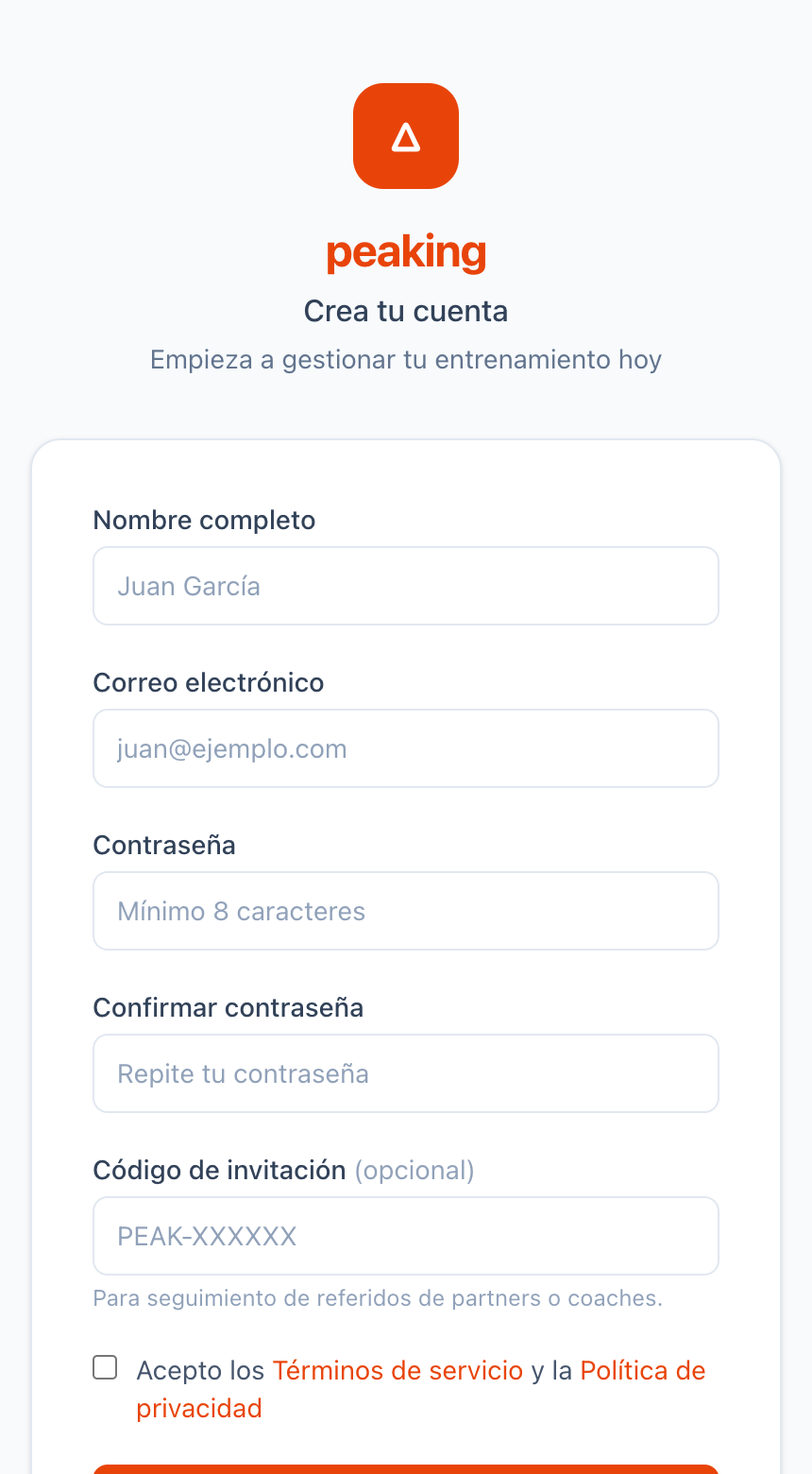Formulario de registro de Peaking con campos de nombre, correo y contraseña